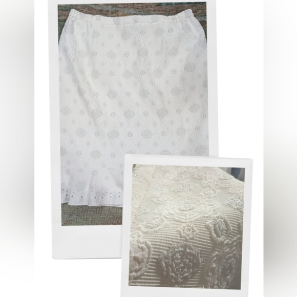 Sera Fina Women Crepe Puff White Silver Thread Eyelets Midi Skirt Size 24 *New* - Picture 8 of 8